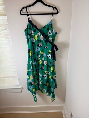 Banana Republic Green Floral Asymmetrical Wrap Dress with Navy Trim size 12